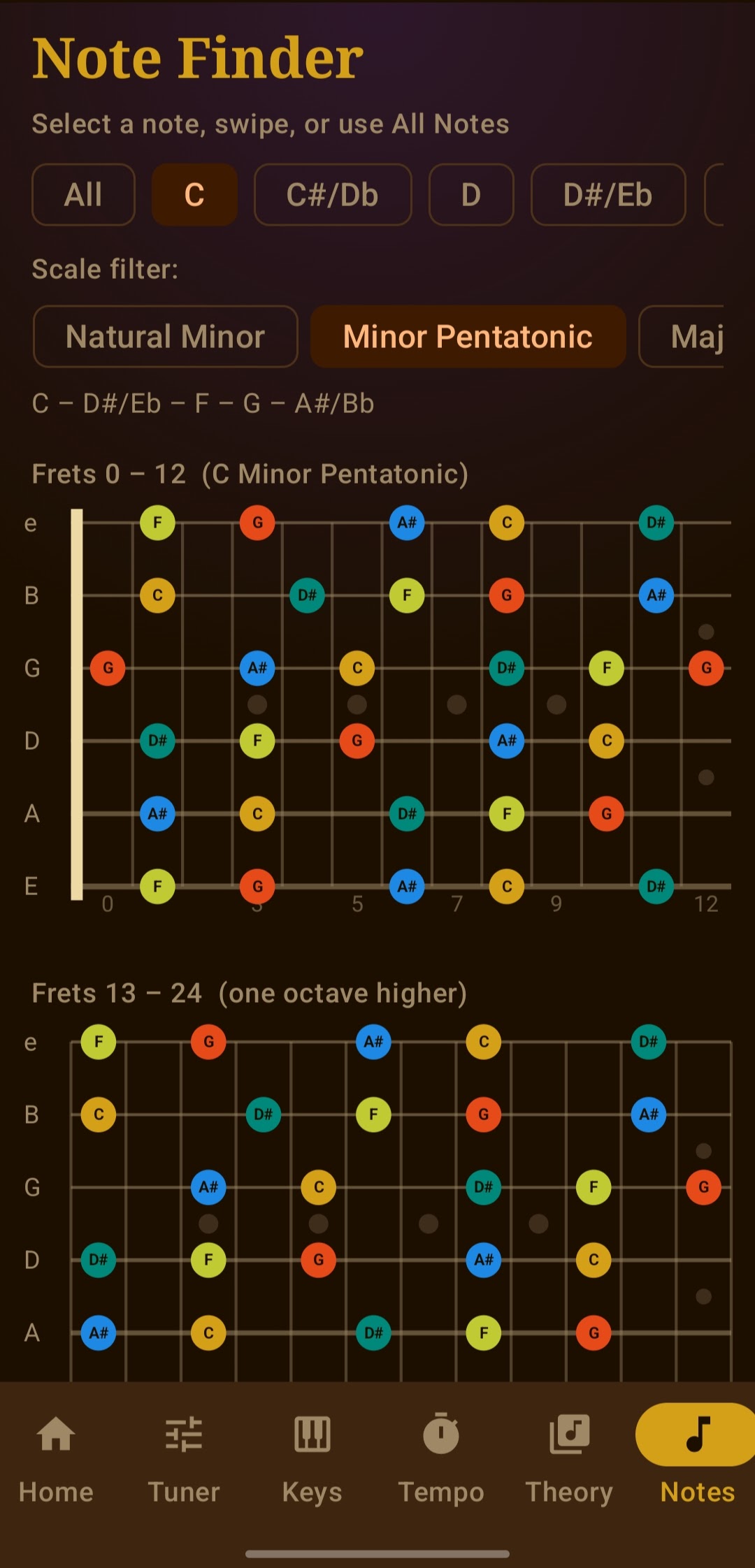 Note finder screen